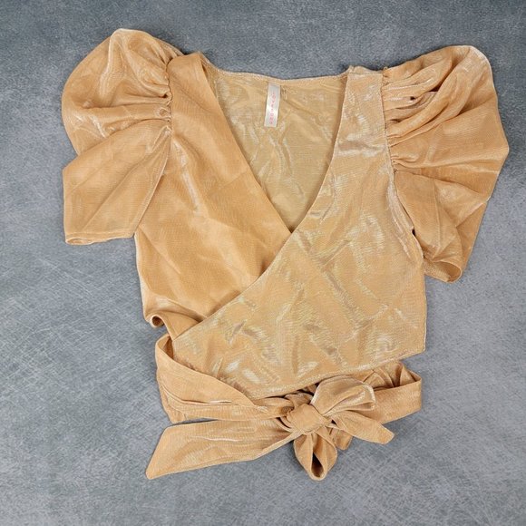 Wrapped Blouse Crop Top w Puff sleeves shimmery Blouse Cocktail - Picture 3 of 12